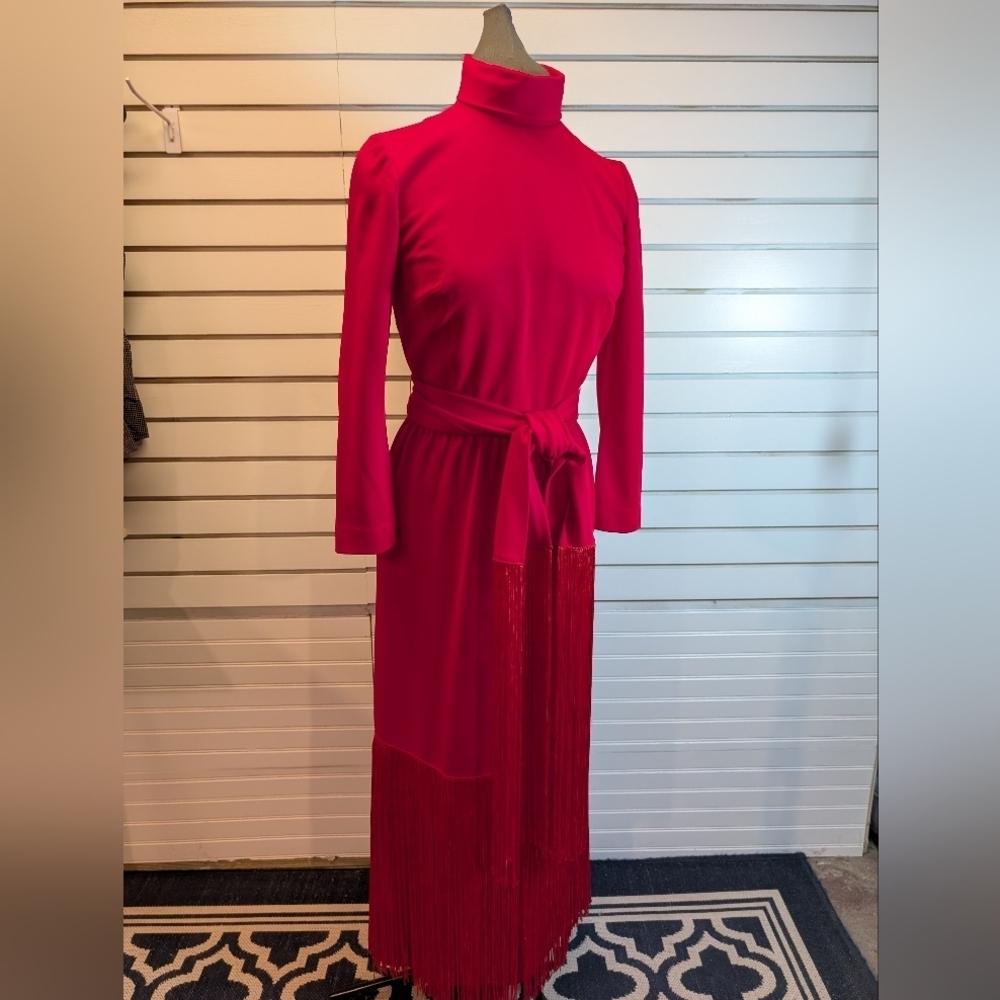 Vintage S. Eisenberg Dress, Vibrant Red with accented bottom fringe and belt 10